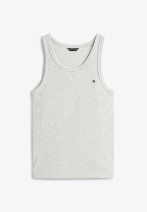 Canotta grigio chiaro a coste con design senza maniche e piccolo logo Tommy Hilfiger sul petto a sinistra.