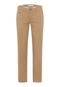 Pantaloni in misto cotone beige con un taglio classico, dotati di tasca frontale, zip e design a gamba dritta. Texture morbida e dettagli minimi.