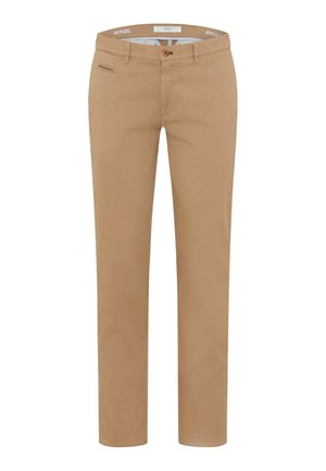 Pantaloni in misto cotone beige con un taglio classico, dotati di tasca frontale, zip e design a gamba dritta. Texture morbida e dettagli minimi.