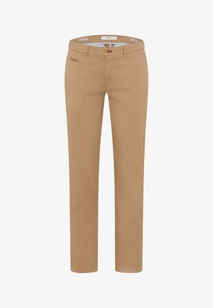 Pantaloni in misto cotone beige con un taglio classico, dotati di tasca frontale, zip e design a gamba dritta. Texture morbida e dettagli minimi.