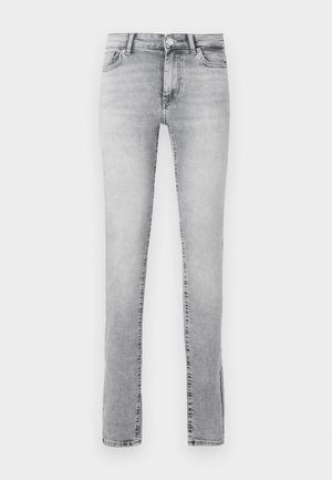 Jeans skinny fit en denim gris clair. Présente un design classique à cinq poches, une fermeture à bouton à l'avant et un léger délavage pour ajouter de la texture.