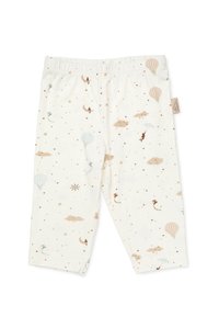 Leggings de algodão em creme com uma textura suave, apresentando um padrão whimsical de balões de ar quente, nuvens, estrelas e pipas em cores suaves.
