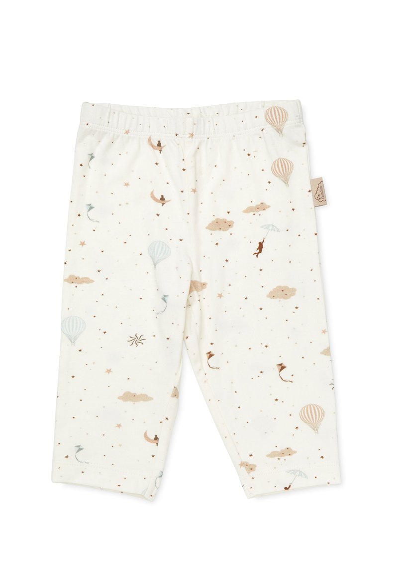 Leggings de algodão em creme com uma textura suave, apresentando um padrão whimsical de balões de ar quente, nuvens, estrelas e pipas em cores suaves.