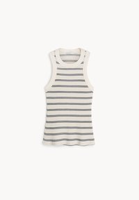 Paski top na ramiączkach wykonany z prążkowanej tkaniny; kolory biały z granatowymi poziomymi paskami; bez rękawów, z okrągłym dekoltem i dopasowanym talią.