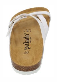 Sandalo scivoloso bianco con plantare in sughero, tomaia sintetica, design a fascia incrociata e logo stampato sulla soletta. Suola naturale testurizzata.