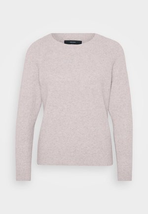 Pull léger rose avec un col rond, des manches longues et des poignets côtelés. Texture douce avec un motif léger mélangé.