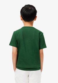 T-shirt en coton vert à manches courtes, encolure ronde et ourlet droit. La vue de dos montre un design simple et sans couture.