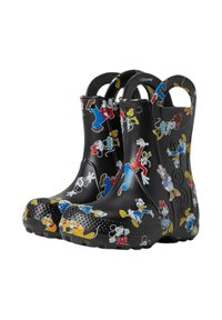 Stivali da pioggia neri in gomma con stampe colorate di personaggi Disney, suole testurizzate e maniglie laterali per una facile calzata.
