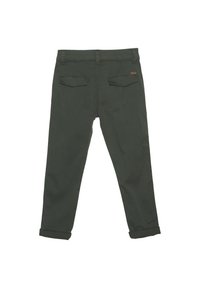 Dunkelgrüne Baumwollhose mit geradem Schnitt, hochgekrempelten Säumen und zwei Gesäßtaschen, mit dezentem Stich und einem Markenzeichen.