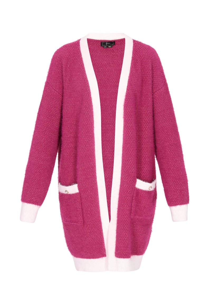 Fuksia neulecardigan, jossa on valkoinen reunus, sisältää kaksi etutaskua ja rento malli. Tekstuuri on pörröinen ja pehmeä, ja siinä on pitkät hihat.