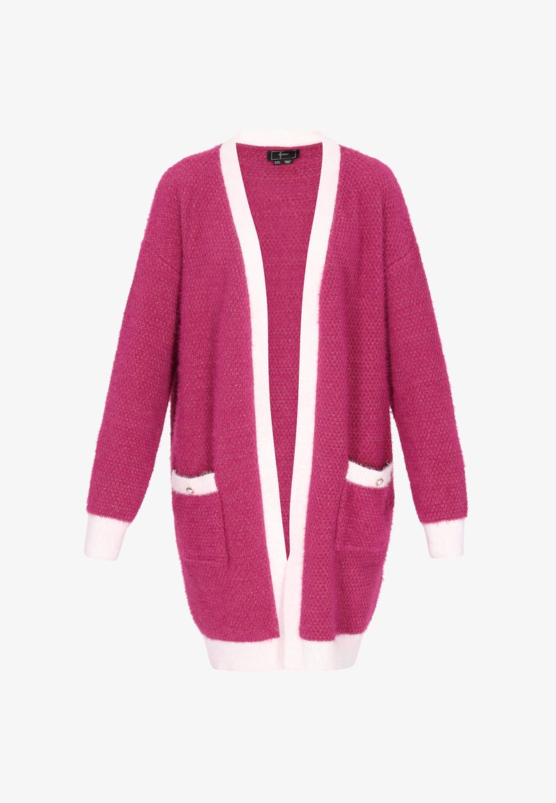 Fuchsia knit cardigan with white trim, features two front pockets and a relaxed fit. The texture is fluffy and soft with long sleeves.