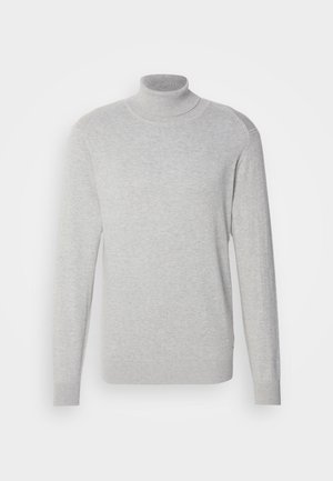 Pull à col roulé gris en tissu doux, doté de manches longues, d'une silhouette ajustée et d'une texture côtelée au niveau du col et des poignets.