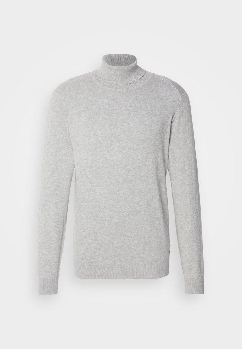 Pull à col roulé gris en tissu doux, doté de manches longues, d'une silhouette ajustée et d'une texture côtelée au niveau du col et des poignets.