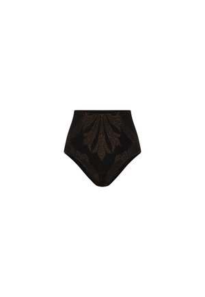 Biancheria intima nera a vita alta con un motivo sottile di foglie scure e una trama scintillante.