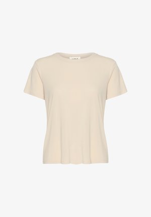 Beiges T-Shirt mit kurzen Ärmeln, Rundhalsausschnitt, lockerer Passform und glatter Stoffstruktur, präsentiert vor einem schlichten weißen Hintergrund.