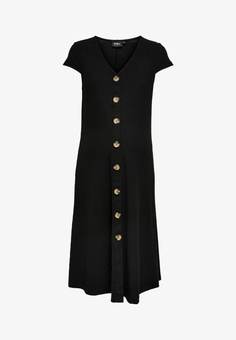 Black ribbed knit dress with short sleeves, V-neckline, and a front row of eight tan buttons extending from neck to hem.