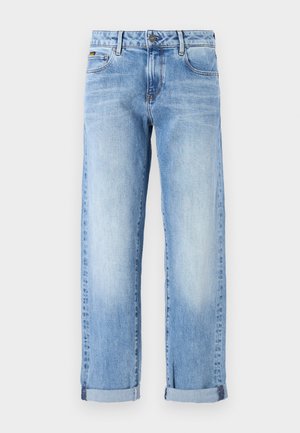 Calças de ganga azul claro com um design de perna reta, apresentando uma bainha dobrada e desvanecimento subtil. Inclui bolsos frontais clássicos e fecho de botão.