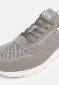 Graue Sneaker mit einer Kombination aus glattem Wildleder und Netzmaterial, mit Schnürdesign, seitlichem Reißverschluss und weißer Sohle.