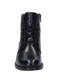 Black leather ankle boot featuring a rounded toe, lace-up front, and side zipper for easy access, with a smooth, shiny finish.