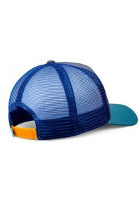 Blue mesh trucker cap with a solid teal front panel, curved brim, adjustable yellow snapback closure, and vented back design.