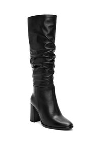Zwarte kniehoge laarzen van glad leer, met een slouchy ontwerp, vierkante neus en chunky hoge hak voor stabiliteit.