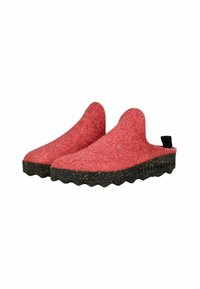 Røde filt slip-on hjemmesko med høj bagkant, sort spraglet rillet sål og en lille sort træksløjfe ved hælen.