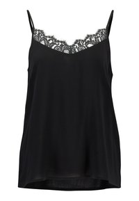 Svart ärmlös linne med tunna band och spetsdetalj längs V-ringningen, tillverkad av lättviktsmaterial.