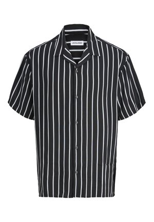 Sort kortærmet skjorte med knapper og hvide lodrette striber samt en spids krave, mærket Jack & Jones.
