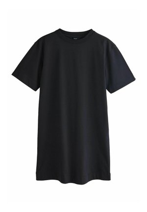 Sort kortærmet t-shirt kjole med rund hals og afslappet pasform, vist fladt mod en hvid baggrund.