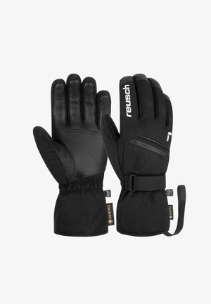 Gants noirs avec paume en cuir, dessus en tissu texturé, poignets élastiques et sangles réglables. Présente le logo GORE-TEX pour une protection imperméable.