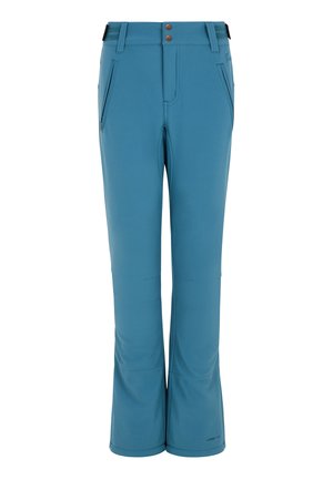 Blaue, elastische Stoffhosen mit geradem Bein, ausgestattet mit zwei vorderen Taschen und einem knöpfbaren Bund.