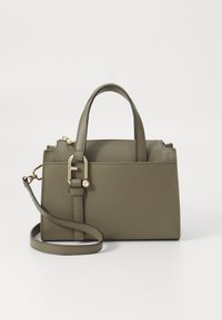 Sac à main vert olive en matériau lisse avec deux poignées supérieures et une bandoulière amovible. Présente des accessoires en métal doré et un design structuré.