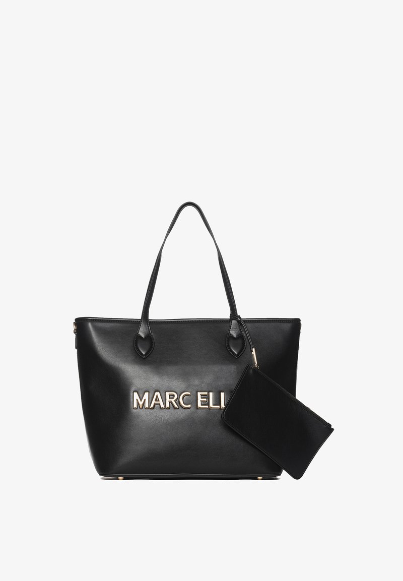 Sac cabas en cuir noir avec deux poignées et pochette zippée attachée, avec le texte doré "MARC ELLIS" sur le devant.