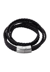 Bracciale in pelle intrecciata nera con tre filamenti e chiusura in tonalità argento con accento del logo. Texture liscia, design durevole.
