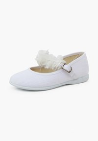 Scarpe in tessuto bianche con punta tonda e cinturino alla Mary Jane, caratterizzate da un accento floreale sulla parte anteriore e suola piatta in gomma.