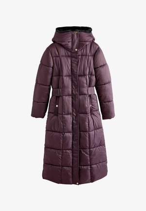 Long, padded coat in deep purple with a zip front, belted waist, and a hood. Features horizontal quilting and side pockets with gold accents.