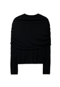 Melnas garas piedurknes blūzes ar nokarenu dizainu un saplacinātu tekstūru mugurā. Gluda auduma, īsā garuma un pieguļošas piedurknes.