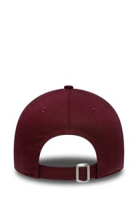 Maroon baseball cap with a rounded crown, flat brim, and adjustable strap at the back featuring a silver metal buckle. Smooth texture.