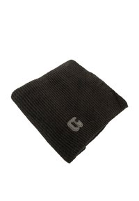Écharpe noire en tricot côtelé avec une texture douce et un petit détail de logo gris. Forme rectangulaire, idéale pour un look décontracté.
