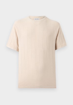Μπεζ πουλόβερ με κοντά μανίκια και κάθετη ριμπ υφή, με στρογγυλή λαιμόκοψη, από την Jack & Jones.