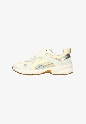 White and beige low-top sneaker with mixed materials, lace-up closure, thick sole, and a pull tab at the heel.