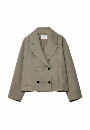 Cropped double-breasted jacket in light gray material, featuring a notched collar, two front pockets, and black buttons.
