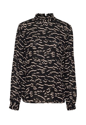 Must have mustris varrukatega must blouse, millel on kõrge ripsmetega krae ja abstraktne kreemivärviline muster. Valmistatud kerge, tekstuuriga kangast, millel on lõtv lõige.