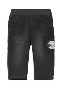 Zwarte denim broek met een rekbare tailleband, met een panda-ontwerp op de zijzak. Getextureerde stof met subtiele vervagingdetails.