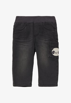 Melni deniša bikses ar elastīgu jostu, kurām ir pandu dizains sānu kabatā. Strukturēts audums ar viegla balināta efekta detaļām.