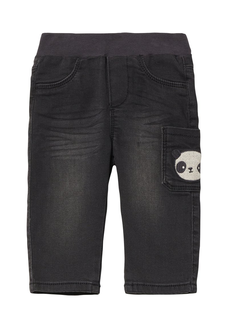 Zwarte denim broek met een rekbare tailleband, met een panda-ontwerp op de zijzak. Getextureerde stof met subtiele vervagingdetails.
