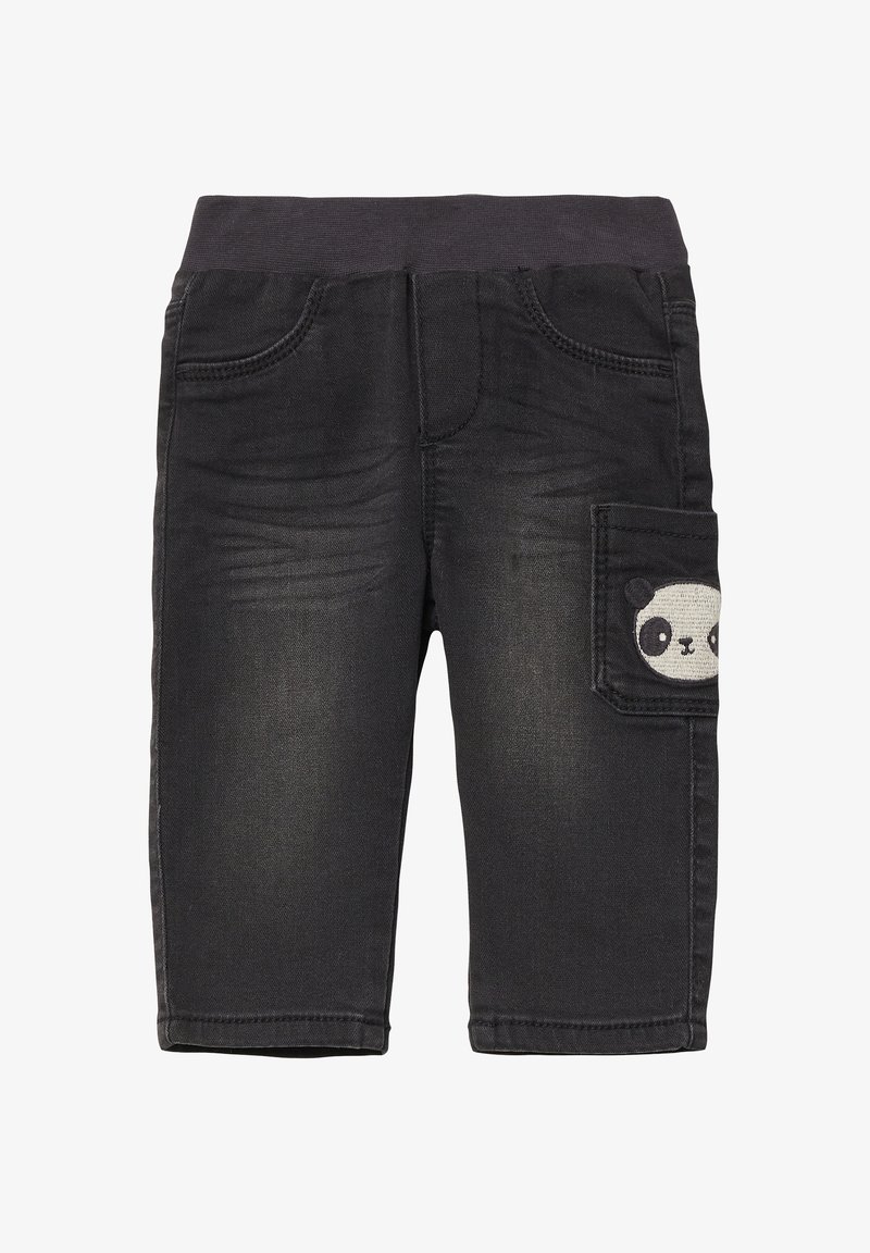 Pantaloni in denim neri con una cintura elastica, caratterizzati da un design di panda sulla tasca laterale. Tessuto testurizzato con dettagli di leggero sbiadimento.