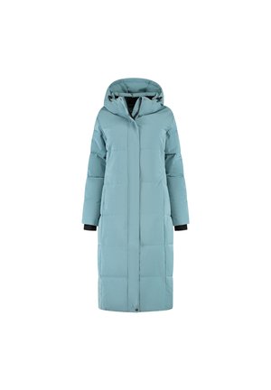 Long light blue padded winter coat with hood, front zipper, long sleeves, and black inner cuffs.