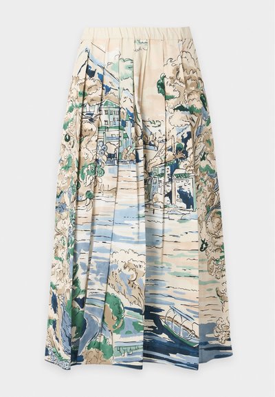 Jupe plissée avec une ceinture élastique, ornée d'un imprimé pittoresque d'arbres, de bâtiments, d'une rivière et d'un petit bateau dans des tons bleus, verts et beiges.