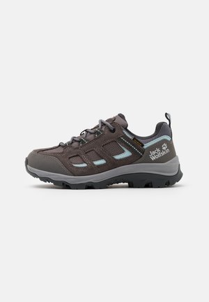 Braune Wanderschuhe mit Mesh-Panels, grauen Akzenten und einer robusten Sohle. Mit schwarzen Schnürsenkeln und einem Logo an der Seite.